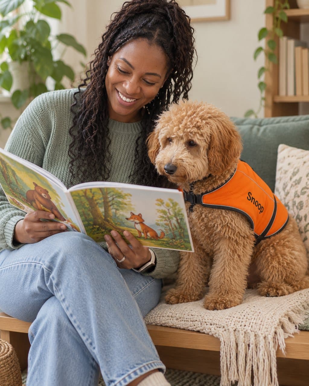 Sasha reading a picture book to Snoop, who sits beside her in his orange coat